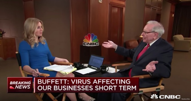 巴菲特發表股東信後接受 CNBC 專訪，談及肺炎疫情衝擊股市後的投資策略。